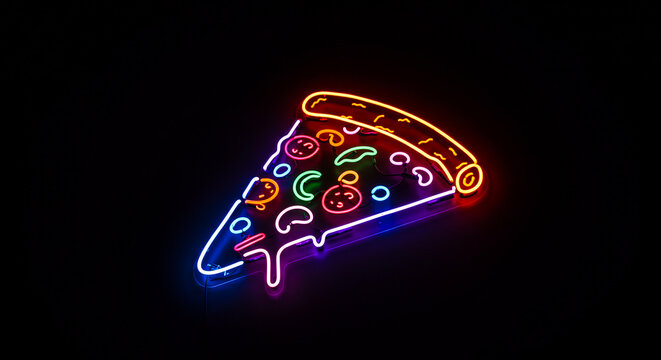 Colorful neon pizza slice glowing brightly against a dark, minimalist background