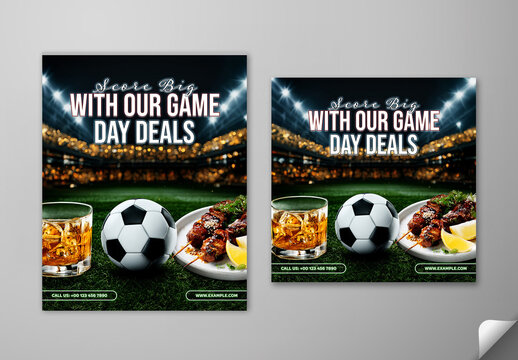 Editable Football Match Day Restaurant Food Promotion Social Media Post Template Set with Kebab and Drink Combo Deal.