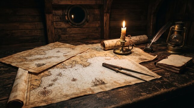 Antique Nautical Charts and Navigation Tools on Ship Captain's Wooden Desk