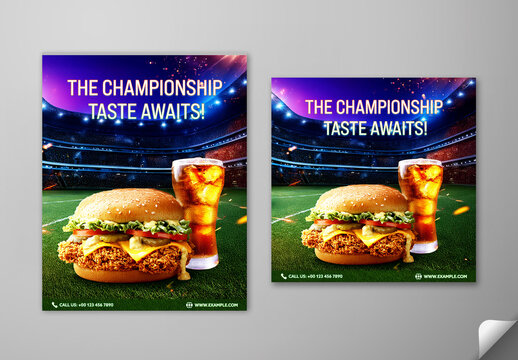 Editable Sports Night Match Day Restaurant Promotion Social Media Post Template Set in Stadium Background with Crispy Chicken Burger and Cold Drink Combo Deal.
