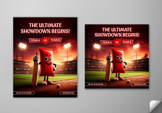 Editable Cricket Match Day Social Media Post Template Set with 3D Red Snack Character Mascot Holding Bat and Ball in Stadium Background.