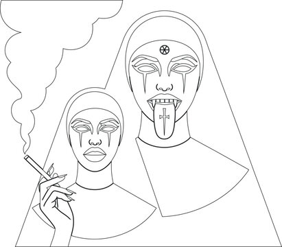 Two nuns displaying stylized crying faces with one smoking and another with fangs