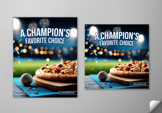 Editable Football Match Day Restaurant Food Promotion Social Media Post Template Set with Large Chicken Burger in Blurred Stadium Background.