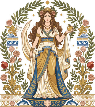 Beautiful Greek goddess Aphrodite, the goddess of love and beauty, holding an apple in ancient Greece, rich in mythology