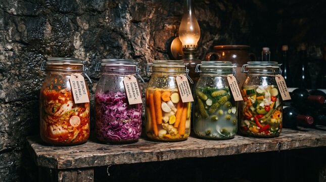 Assorted Pickled Vegetables in Glass Jars Arranged on a Rustic Wooden Shelf in a Cellar