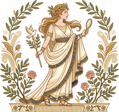 Beautiful Greek goddess Aphrodite, the goddess of love and beauty, holding a mirror and olive branch in ancient Greece