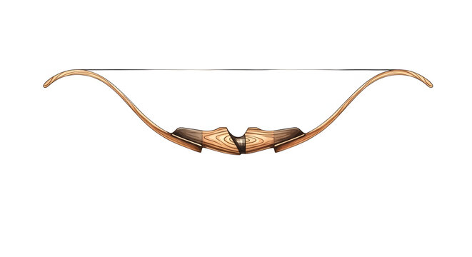 Traditional wooden recurve archery bow with visible grain texture and black string, isolated on a white background. Profile view of handcrafted sporting equipment for target shooting.