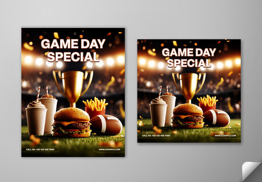Editable American Football Game Day Restaurant Promotion Social Media Post Template Set with Food Combo Deal and Golden Trophy on Stadium Background.