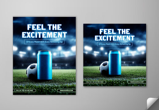 Editable Football Match Day Drink Promotion Social Media Post Template Set with Blue Beverage Can and Soccer Ball on Stadium Grass Field Background Photo.