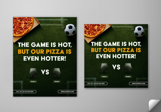 Editable Football Game Day Restaurant Social Media Post Template Set with Pepperoni Pizza and Soccer Ball on Stadium Grass Field Background Top Photo.