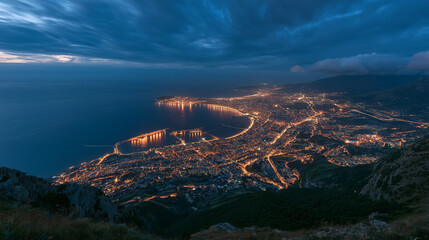 Naklejka premium Serene ocean bay cityscape backdrop, romantic dark blue twilight presentation layout with copy space.
