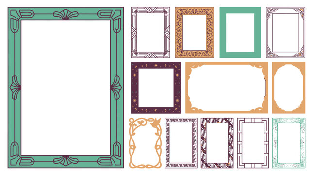 Collection de cadres d&eacute;coratifs vari&eacute;s aux styles vintage et ornementaux, parfaits pour des bordures &eacute;l&eacute;gantes, des invitations, des projets de design graphique et des mises en page cr&eacute;atives.