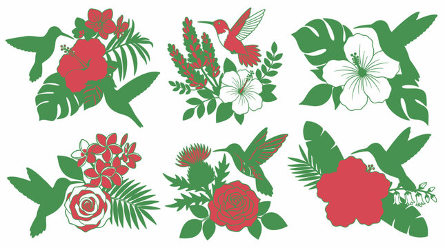 Ensemble de six illustrations vectorielles de colibris et de fleurs tropicales color&eacute;es sur fond blanc, style graphique plat pour des designs floraux &eacute;l&eacute;gants et naturels.