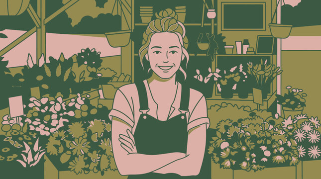 Illustration vectorielle d'une jeune fleuriste souriante portant un tablier, debout avec les bras crois&eacute;s devant son &eacute;tal de fleurs et de plantes dans une boutique chaleureuse.