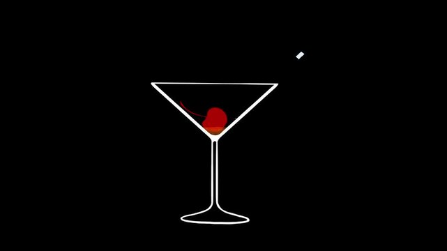 Hand drawn cocktail vector animation with pouring orange liquor and cherry garnish in a martini glass on black background