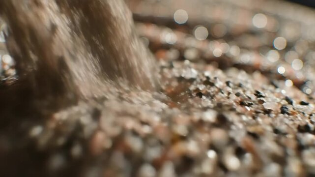Macro sand granules falling onto textured surface creating shifting particle patterns, extreme close-up of dry grains forming natural abstract texture, tactile earthy landscape detail