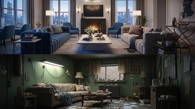 A split view comparing a modern luxury living room and a cluttered vintage apartment