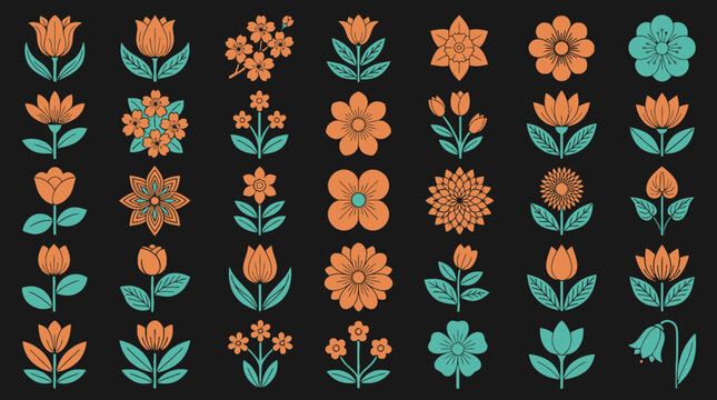 Ensemble d'ic&ocirc;nes de fleurs stylis&eacute;es aux tons orange et turquoise dispos&eacute;es en grille sur un fond noir, parfait pour des designs graphiques, des motifs floraux et des projets cr&eacute;atifs.