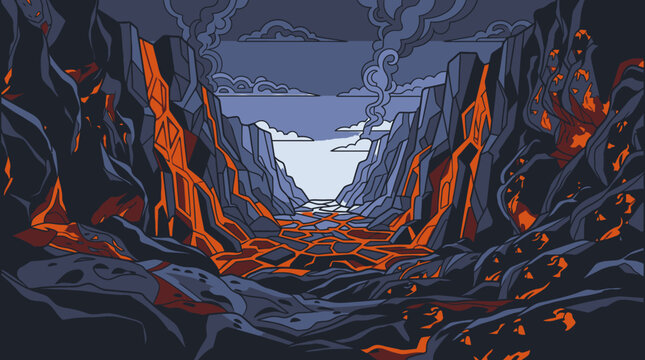 Eine dramatische, stilisierte Illustration einer vulkanischen Landschaft mit flie&szlig;ender Lava, die sich durch ein zerkl&uuml;ftetes Felsental unter einem rauchigen, dunklen Himmel schl&auml;ngelt.
