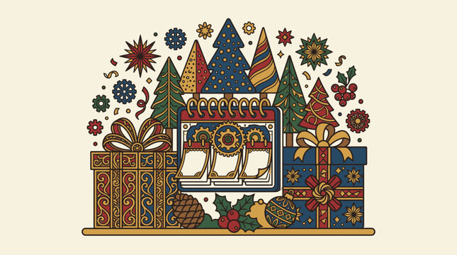 Dekorative Weihnachtsillustration mit einem Kalender, festlich verpackten Geschenken, Tannenb&auml;umen und winterlichen Ornamenten im flachen Grafikdesign-Stil f&uuml;r Feiertage