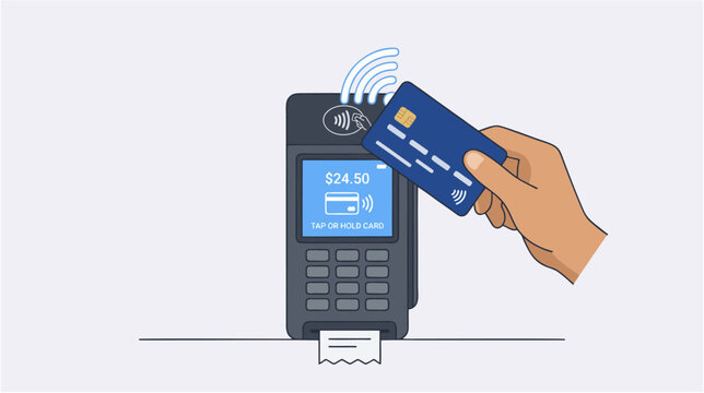 Contactless card transaction with wireless signal symbols and payment terminal, modern cashless commerce concept, Minimalist 2D flat illustration