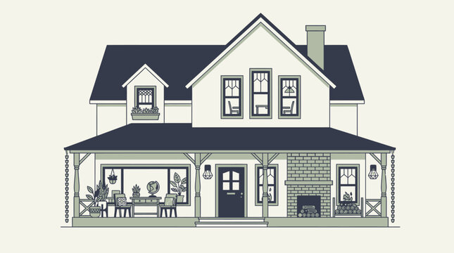 Ilustraci&oacute;n vectorial de una casa de campo cl&aacute;sica con porche delantero, chimenea exterior y detalles arquitect&oacute;nicos tradicionales en un estilo de dise&ntilde;o plano y minimalista.