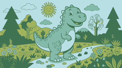 Ilustración vectorial de un simpático dinosaurio sonriente caminando por un paisaje natural con árboles, montañas, flores y un sol radiante en un estilo de diseño plano y colorido. © Hmen
