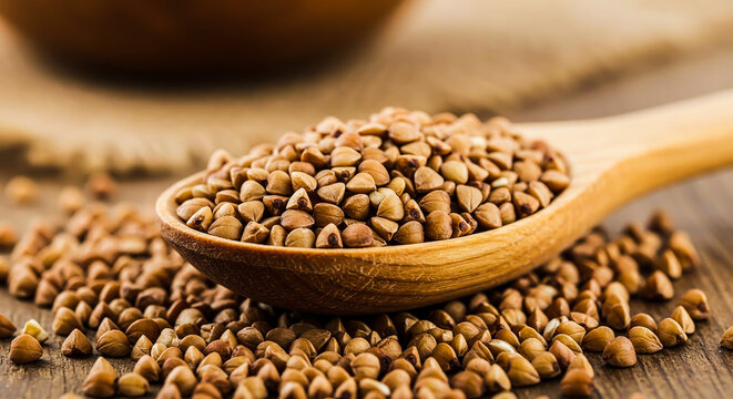 Close-up of raw buckwheat grains held in a wooden spoon on a rustic surface.