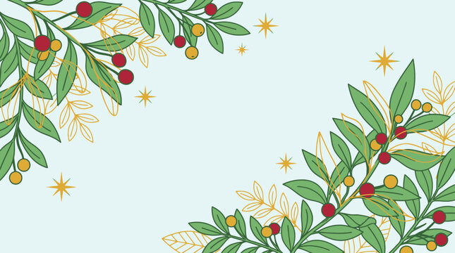 Fondo decorativo de Navidad con ramas de acebo, bayas rojas y doradas, y estrellas brillantes sobre un fondo azul claro, ideal para tarjetas de felicitaci&oacute;n y dise&ntilde;os festivos.
