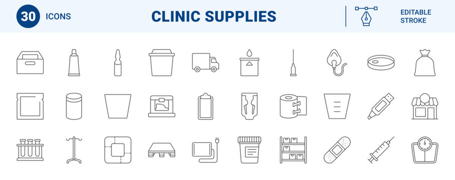 Clinic supply checklist line icon set. Vector pictograms of medical inventory, hospital equipment, healthcare logistics, and clinical material elements, thin linear illustration.