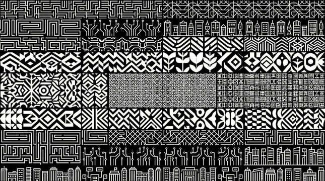 Un collage artistico di motivi geometrici tribali in bianco e nero che crea un design astratto complesso con texture etniche e ornamenti ripetitivi in stile etnico moderno.