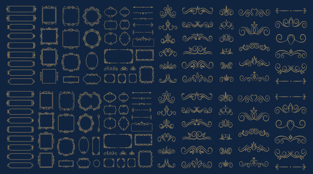 Colecci&oacute;n de marcos decorativos vintage, bordes ornamentales y divisores de texto dorados sobre un fondo azul oscuro, perfectos para invitaciones elegantes y dise&ntilde;o gr&aacute;fico profesional.