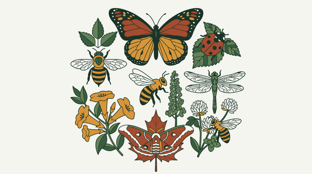 Eine dekorative Illustration mit einer Sammlung von Insekten wie Schmetterlingen, Bienen, Libellen und Marienk&auml;fern, umgeben von botanischen Elementen in einem kreisf&ouml;rmigen Design.
