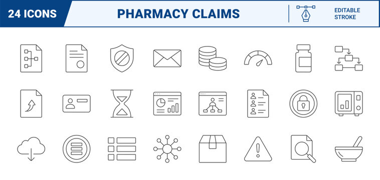 Pharmacy claims processing line icon set. Vector pictograms of healthcare, medicine, billing, and insurance elements, thin linear illustration.