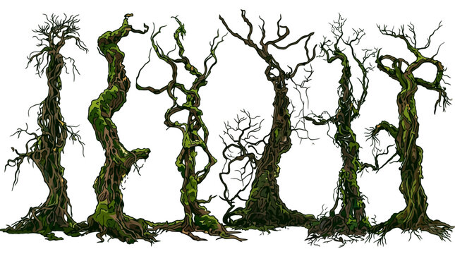 Ensemble d'arbres morts et noueux recouverts de mousse verte, isol&eacute;s sur un fond blanc, parfaits pour des compositions graphiques de style fantastique ou horrifique.