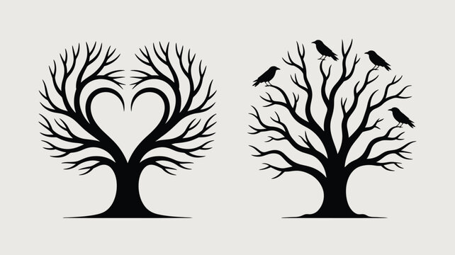 Two silhouette trees with bare branches, one forming a heart, other with perched crows