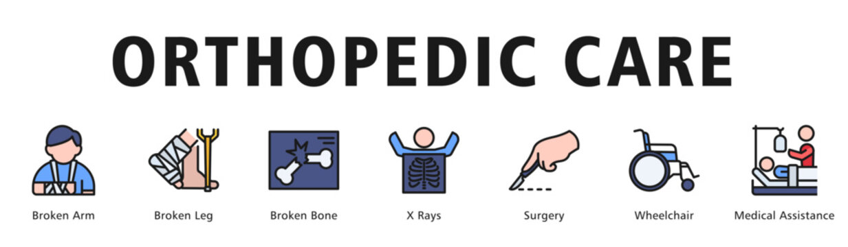 Orthopedic Care web banner icon vector illustration describing fracture diagnosis, surgery and rehabilitation support services.