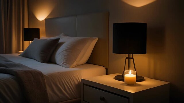 Warmly lit bedroom with bed, nightstand, lamps, and candle