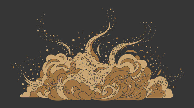 Illustrazione vettoriale di una nuvola di polvere che si solleva dal terreno con particelle volanti e detriti, isolata su uno sfondo scuro per design dinamici e fumetti.