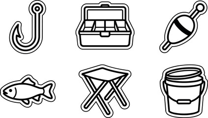 Fototapeta premium Black and white fishing hook tackle box float fish folding stool and bucket icons