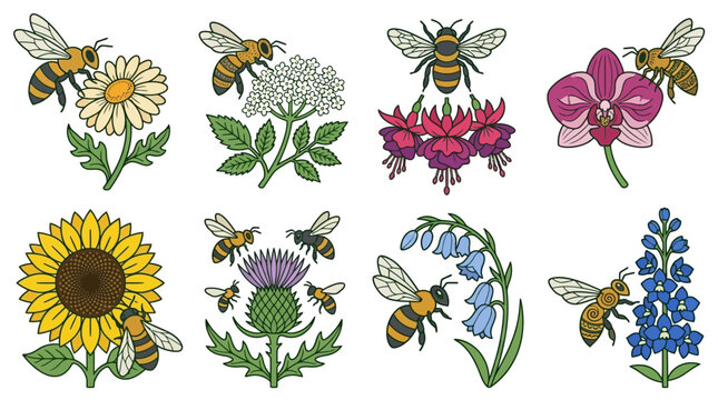 Conjunto de ilustraciones vectoriales de abejas polinizando diversas flores coloridas como girasoles, orqu&iacute;deas y margaritas sobre un fondo blanco aislado para dise&ntilde;o bot&aacute;nico.