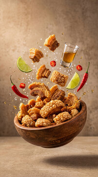 Crispy Pork Rinds with Lime, Chili and Tequila Shot Flying into Wooden Bowl, Torresmo Snack
