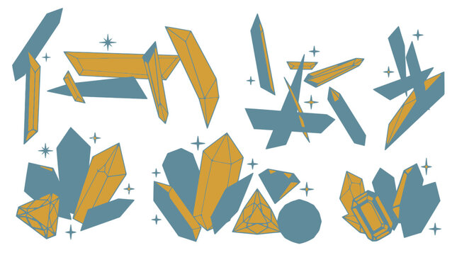 Conjunto de ilustraciones vectoriales planas de cristales geom&eacute;tricos, gemas facetadas y minerales brillantes en tonos azul y dorado, aislados sobre un fondo blanco para dise&ntilde;o gr&aacute;fico.