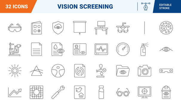 Vision screening line icon set. Vector pictograms of ophthalmology, optometry, eye examination, and visual acuity elements, thin linear illustration.