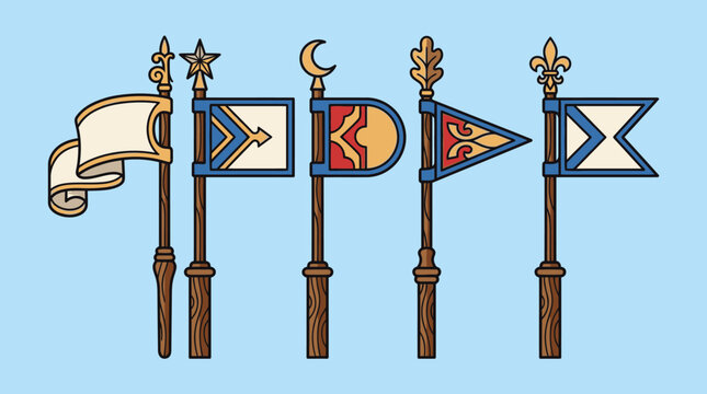 Eine Sammlung von f&uuml;nf verschiedenen mittelalterlichen Bannern und Flaggen mit heraldischen Symbolen und h&ouml;lzernen Stangen, isoliert auf einem hellblauen Hintergrund im Vektor-Stil.
