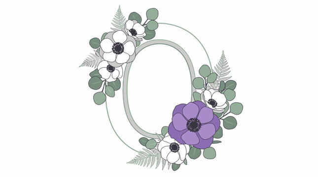 Elegante cornice ovale decorata con fiori di anemone bianchi e viola, foglie di eucalipto e felci, perfetta per inviti di nozze, biglietti di auguri e design floreali raffinati.