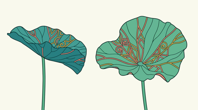 Ilustraci&oacute;n vectorial de dos hojas de loto estilizadas con venas decorativas en tonos verdes y naranjas sobre un fondo crema suave, ideal para dise&ntilde;o bot&aacute;nico y decorativo.