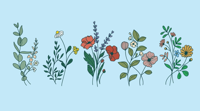 Eine Sammlung von handgezeichneten Wildblumenstr&auml;u&szlig;en und botanischen Elementen im flachen Illustrationsstil auf einem hellblauen Hintergrund f&uuml;r kreative Designs.