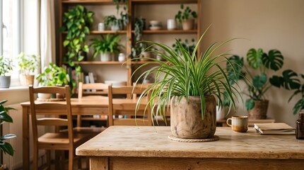 Fototapeta premium Cozy indoor space with potted plants and wooden furniture
