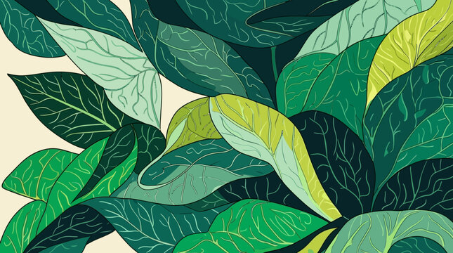 Illustrazione artistica di un fitto fogliame tropicale con foglie verdi sovrapposte in diverse tonalit&agrave; e venature dettagliate su uno sfondo color crema chiaro